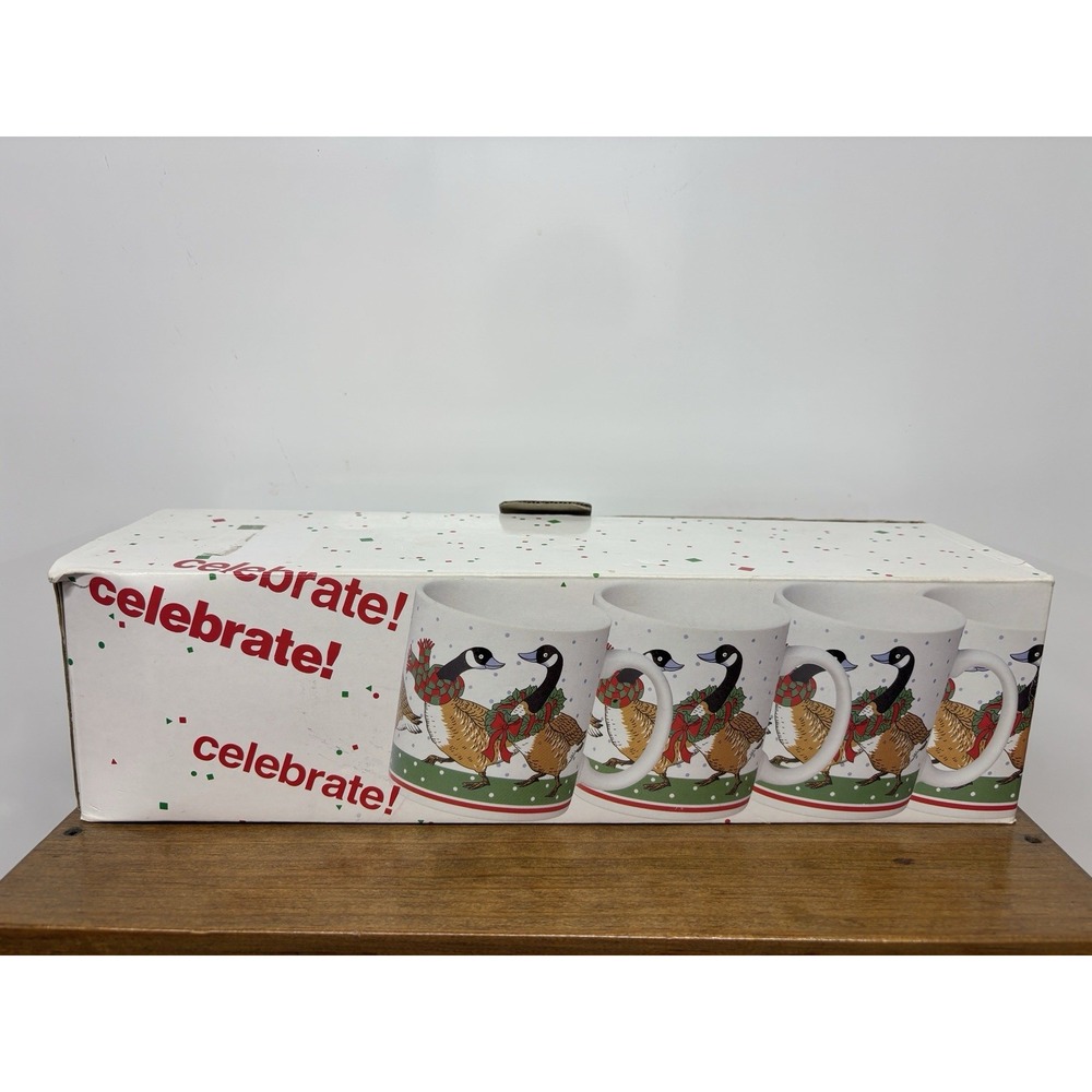 VTG 1980s Festive Christmas Geese White Ceramic Mug Coffee Cups Set Of 4